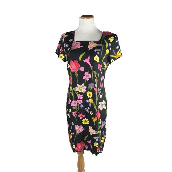 Y2K Floral Square Neck Above Knee Size 10 Positive Attitude Black Dress - Picture 1 of 7